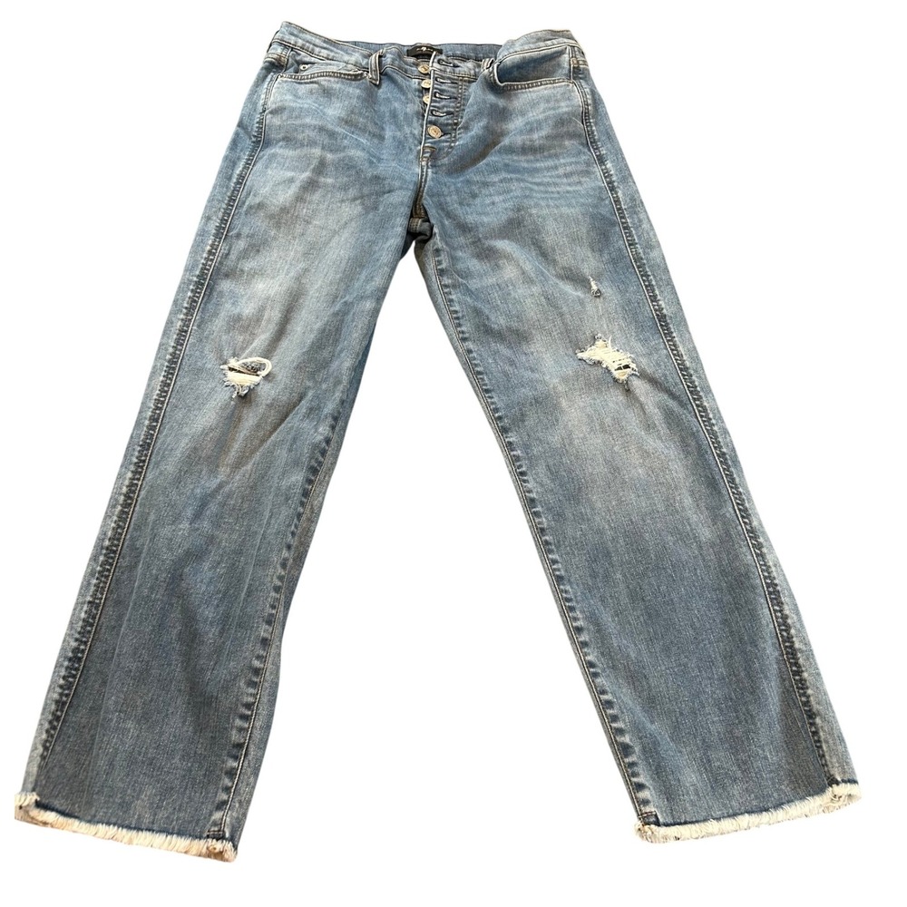 7 For All Mankind High Waist Cropped Straight Jean Distressed Frayed Hem Size 31